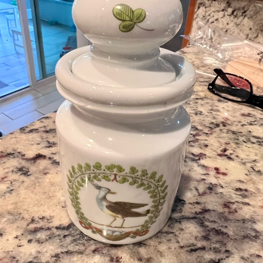 White Ceramic Jar with Bird and Clover Design